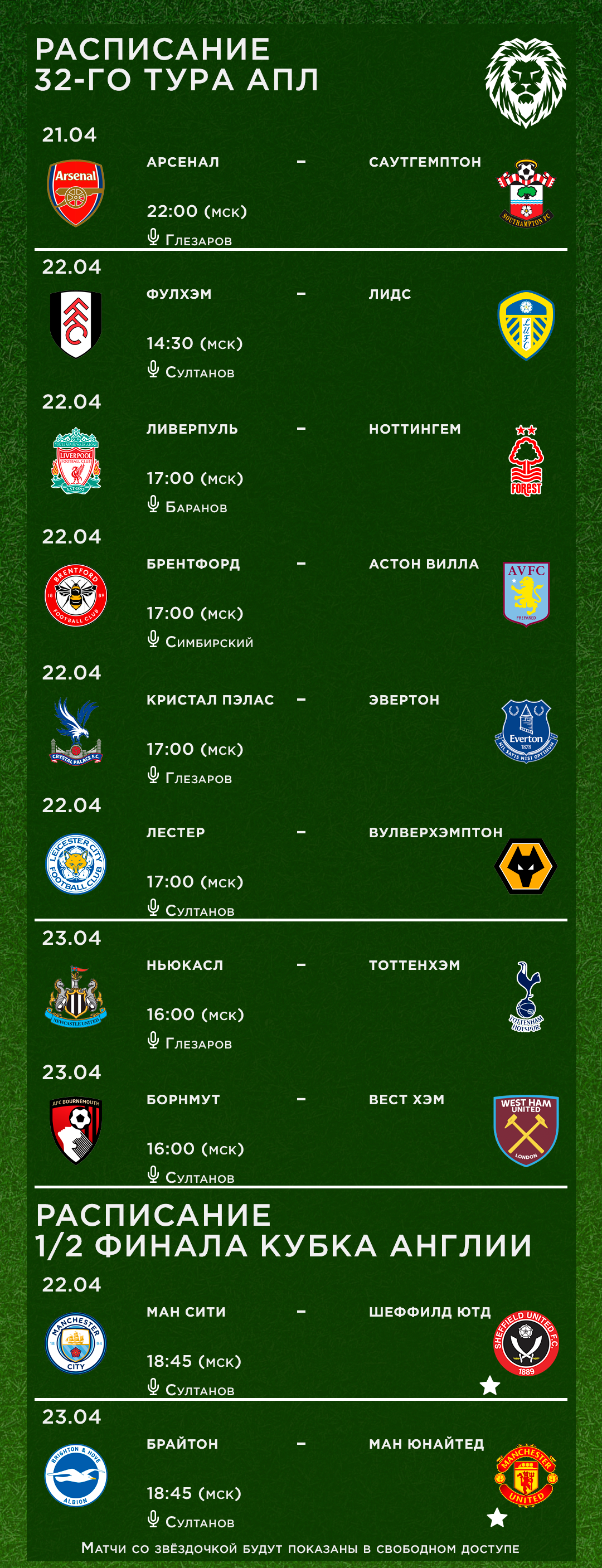 Расписание тура по футболу английской премьер лиги