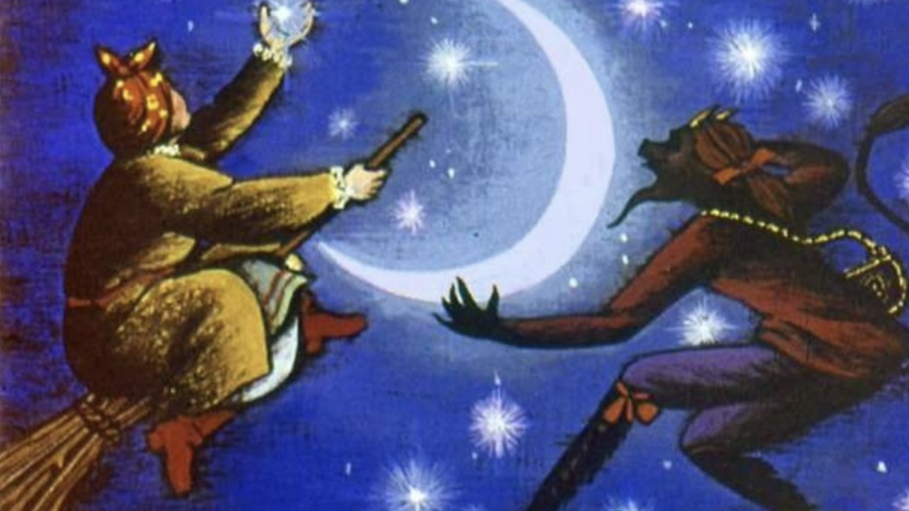 Месяц ночь перед рождеством. Чёрт из сказки Гоголя ночь перед Рождеством. Вечера на хуторе близ Диканьки черт на Луне. Ночь перед Рождеством черт иллюстрации.