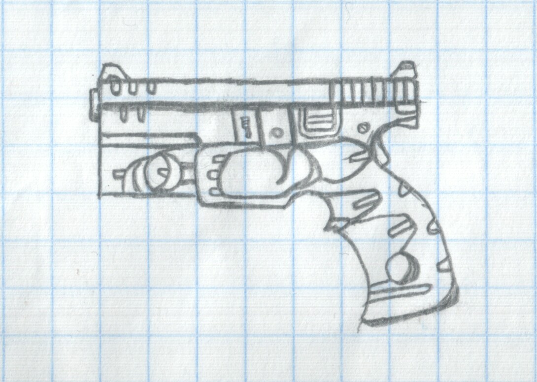 Эскиз 5. Идеи для нарисовки пистолета пластиковый принт. M1991 Pistol Sketch. Фото пистолета слева для рисования. Нарисоного фото пистолет.