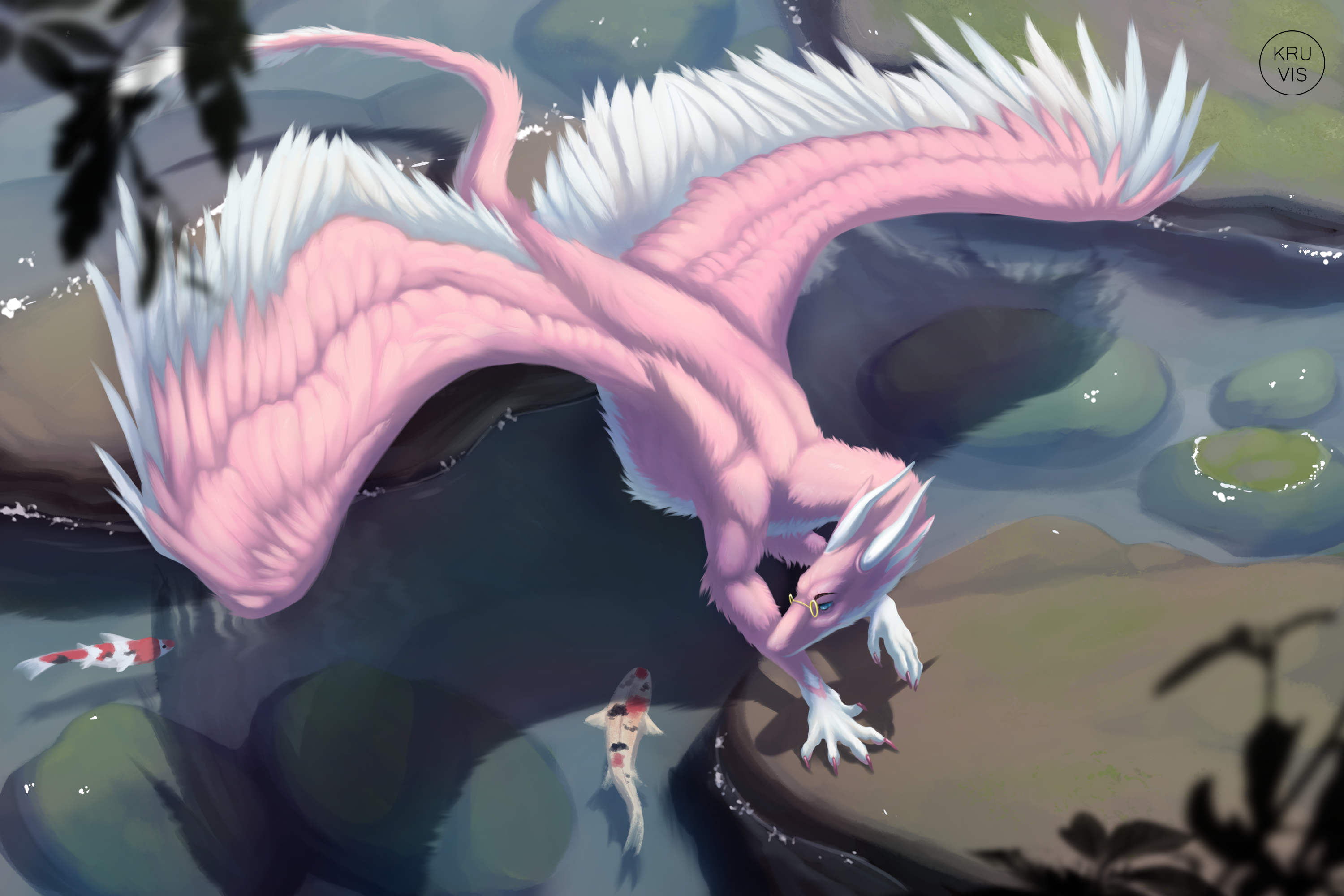 <b>Dragon</b> running over rocks chasing fish in a stream. 