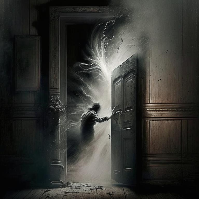 Дверь в темноте. Дверь за которой свет. Темнота в душе. Взгляд в открытую дверь на комнату. Сбежавшие души
